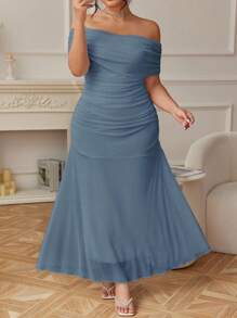Modelyn Váy midi lưới trễ vai xếp nếp thanh lịch cỡ lớn dành cho nữ, dành cho những buổi hẹn hò - Màu xanh lam - Xem 5