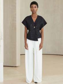 Aveloria Modichic Damen V-Ausschnitt Jacke aus paillettenbesetztem Tweed mit asymmetrischem Schnitt, leichte Blazerjacke - Schwarz - Übersicht 6