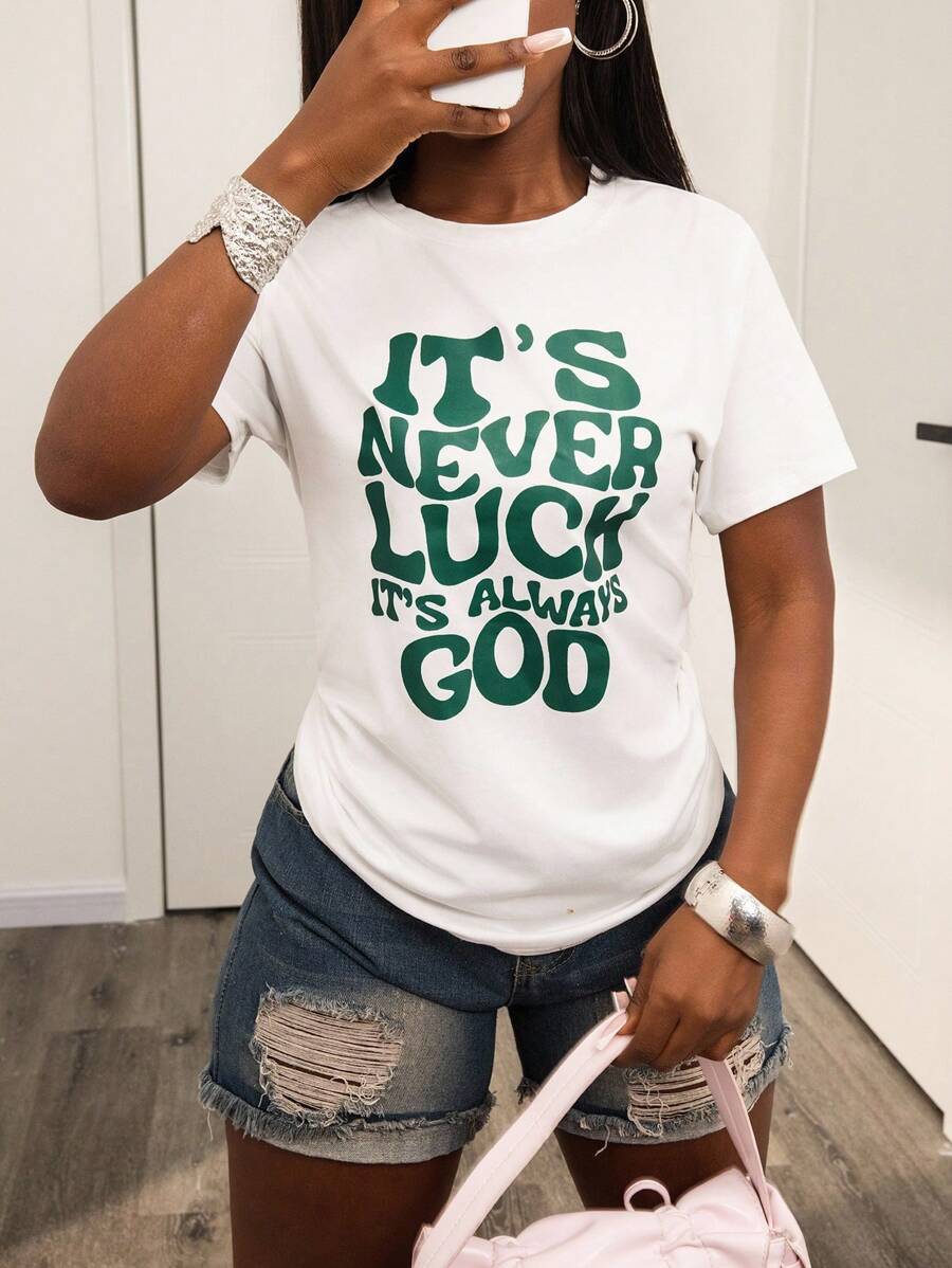 INAWLY 女式夏季圆领短袖休闲T恤，带标语印花，永远是幸运，永远是上帝，图案T恤女式上衣