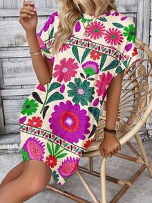 Selamara Women's Floral Print Round Neck Casual Summer Holiday Short Sleeve Dress - Multicolor - View 3