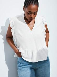 Maija Plus Size White Ruffle Sleeve V-Neck V Neck Casual Top, Fall Autumn Back To School Homecoming Modest Vintage Women Old Money Teacher Romantic, Fashion, Versatile; Comfortable, Stylish, Elegant, Casual, Simple Daily Wear, Essential, Solid Color, Holiday Casual, Decent, Single Lady, Elegant Fashion Business Casual Woman Going Out Tops Graduation Teacher - White - View 5