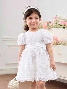 SHEIN Baby Girl Elegant & Cute Summer White Floral Embroidered Mesh Dress - Multicolor - View 6