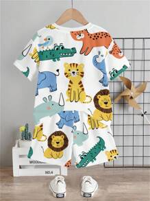 SHEIN 2pcs/Set Young Boy Casual Cartoon Tiger Print Round Neck Short Sleeve Shorts Set, Summer - Multicolor - View 4