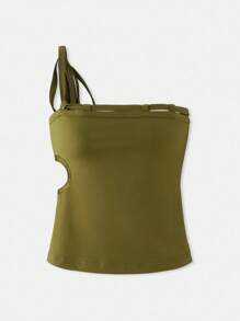 Maija Olive Green Cutout Single Shoulder Strap Women's Tank Top, Casual Design Festival Comfy Versatile For Spring & Summer - Green - View 7