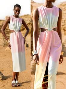 Lumivelle Robe midi fendue à volants et à col en V style pastoral fleuri pour femmes - Multicolore - Voir 1