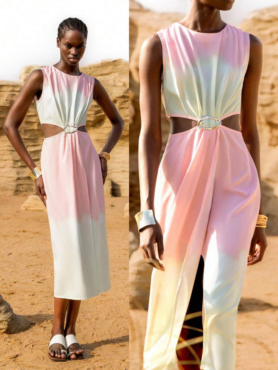 Lumivelle Robe midi fendue à volants et à col en V style pastoral fleuri pour femmes - Multicolore - Voir 1