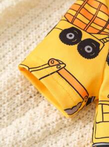 2 件套幼儿男童休闲卡车和字母印花圆领短袖上衣和松紧腰针织紧身裤，可爱家居服 - 黃色 - 查看 4