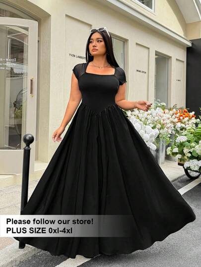 SHEIN EZwear 黑色短袖长款休闲宽松连衣裙，大码，休闲优雅度假工作/办公室早午餐装扮，仙气舒适音乐会服装，白色亮面背心，端庄夜店装扮，性感时尚日常穿着，婚礼宾客礼服，夏季/春季