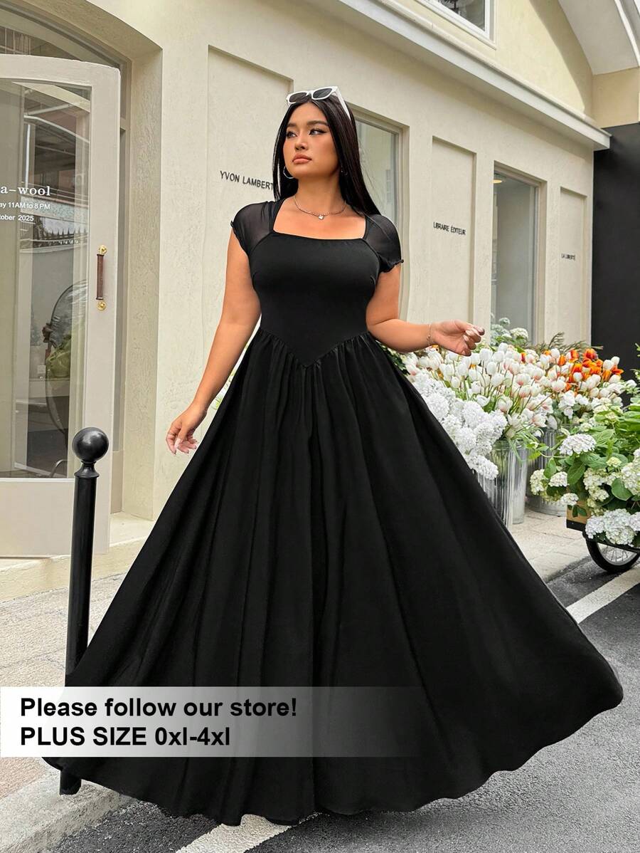 SHEIN EZwear 黑色短袖长款休闲宽松连衣裙，大码，休闲优雅度假工作/办公室早午餐装扮，仙气舒适音乐会服装，白色亮面背心，端庄夜店装扮，性感时尚日常穿着，婚礼宾客礼服，夏季/春季 - 黑色 - 查看 1