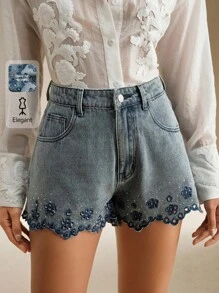 Anewsta Quần short denim túi thêu hoa thời trang cho nữ - Màu xanh lam - Xem 1