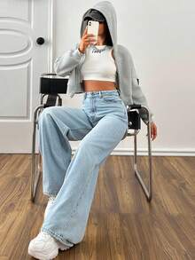 EURMUSE Quần Jeans Ống Rộng Nâng Ngực Cạp Cao Màu Xanh Da Trời Thập Niên 90 - Rửa nhẹ - Xem 3