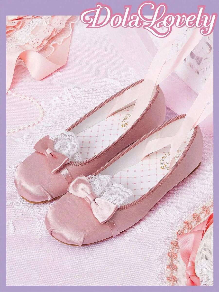Dola Lovely 女士粉色可爱圆头平底鞋，带蕾丝蝴蝶结，低帮洛丽塔风格，浪漫礼物，适合派对、圣诞节、万圣节等场合 - 藕粉色 - 查看 1