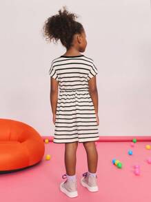 SHEIN Young Girl Simple Comfortable Fitted Casual Round Neck Contrast Stripe Waist Midi Dress ,Back To School Season, Christmas - Black and White - View 5
