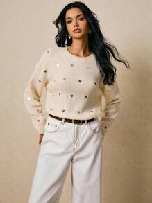 Poéselle Women's Heart Pattern Crew Neck Casual Versatile Long Sleeve Pullover Sweater, Women Sweaters, Heart Sweater, Gold Heart Sweater In Fall/Winter - Apricot - View 7