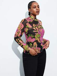 Maija 大码女士薄纱玫瑰印花长袖修身衬衫，都市时尚商务休闲秋季办公室着装 - 彩色 - 查看 4