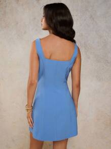COSMINA Women Square Neck Sleeveless Solid Color Summer Elegant Dress - Blue - View 2