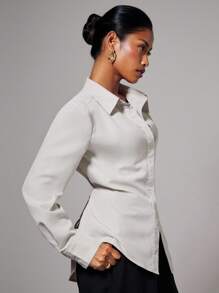 COSMINA 秋季女装 1 件女士优雅垫肩修身腰长袖衬衫，秋冬，商务休闲女装，女士办公室服装，女士教师服装 - 杏色 - 查看 1