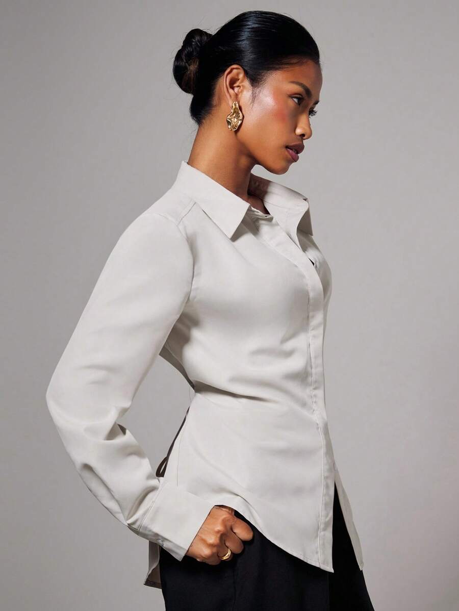 COSMINA 秋季女装 1 件女士优雅垫肩修身腰长袖衬衫，秋冬，商务休闲女装，女士办公室服装，女士教师服装 - 杏色 - 查看 1