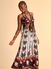 CAJUNI Robe à col ras-du-cou à nouer imprimée pour femmes - Vêtements bohèmes pour femmes / Vêtements occidentaux pour femmes / Graphique / Top décontracté pour femmes / Vêtements d'automne pour femmes