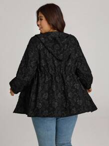 Comfylo Plus Size Front Zip Up Long Sleeve Hooded Jacquard Windbreaker Coat, Casual Daily Wear Winter Fall Autumn