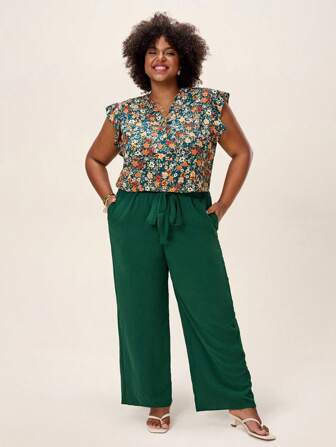 SHEIN LUNE Damen Große Größen 2-teiliges Set: Blümchen Ärmeltop mit Schleife und weite gerade Hose, Boho alte Geldstil Sommer Outfit für Damen, Frühling Rave Outfit, Frühling Pause Outfit, Lässig elegante Blumen Urlaubs Outfit, Damen Ostern Outfit