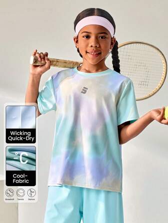 JNSQ Girls' Outdoor Professional Sports Short Sleeve T-Shirt, Kids' Round Neck Tie-Dye Print Splicing Front 3M Reflective Letter Print Outdoor Professional Sports Short Sleeve Top