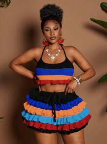 Maweii Conjunto de 2 piezas para mujer de talla grande, de unicolor, con cinta, estilo hueco para playa y vacaciones, sexy, vestimenta de playa, conjunto de verano para mujer, estilo bohemio - Multicolor - Ver 3