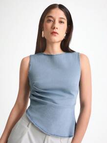 Daynim 女式休闲圆领无袖牛仔蓝色上衣 - 淺色水洗藍 - 查看 1