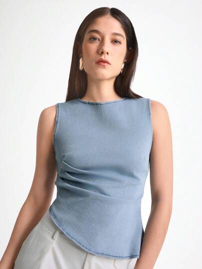 Daynim Áo denim cổ tròn không tay màu xanh thường ngày cho nữ