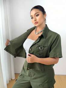 SHEIN CURVE+ 大码夏季休闲纯色前扣短袖上衣和工装裤两件套 - 軍綠色 - 查看 6