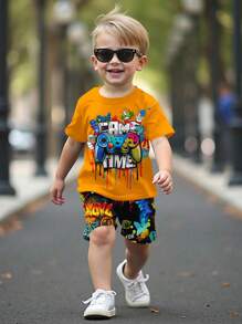 SHEIN Leap Crew 2pcs/Set Young Boy Casual Minimalist Round Neck Short Sleeve T-Shirt And Shorts Outfit, Suitable For Summer - White - View 2