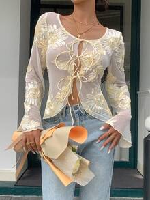 SHEIN Frenchy بلوزة أزهار شبكية بأكمام طويلة وعقدة أمامية موضة للسيدات - لون مشمشي - مشاهدة 6