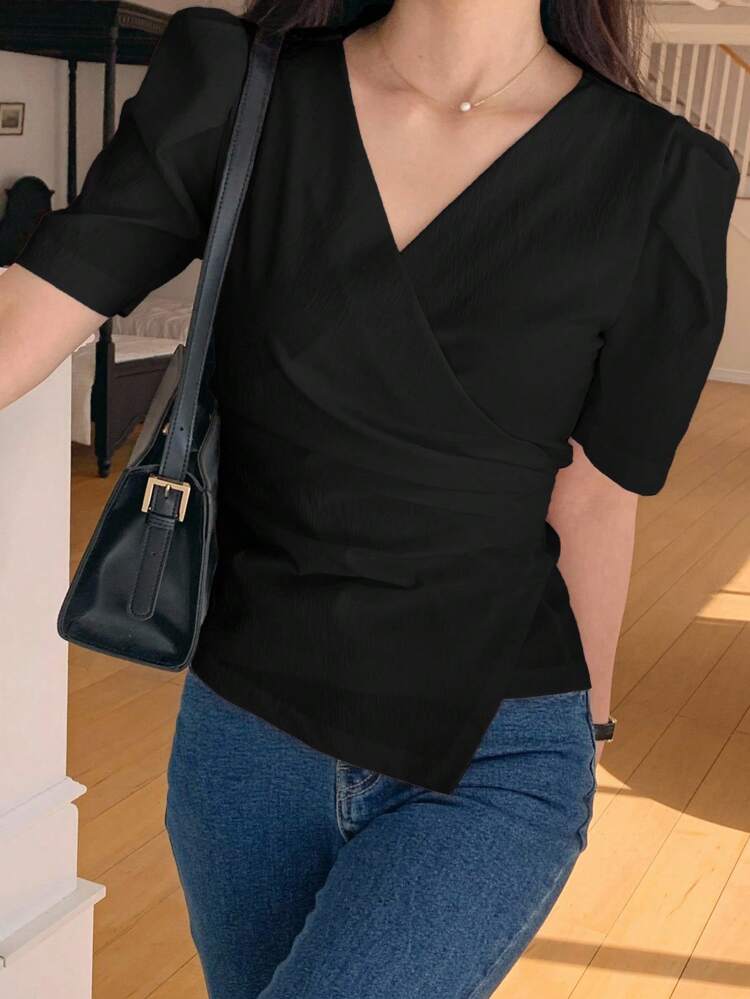 Women's Cinched Waist Solid Color V-Neck Short Puff Sleeve Blouse Women Tops Elegant