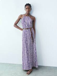 Maija 女式数字几何印花 V 领系腰连衣裙，百搭时尚都市派对装，修身腰部设计，讨人喜欢的彩色印花假日连衣裙，波西米亚风格度假连衣裙，优雅女装，缎面连衣裙