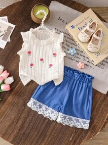 2件套女婴时尚针织上衣和牛仔效果短裤套装 - 彩色 - 查看 1