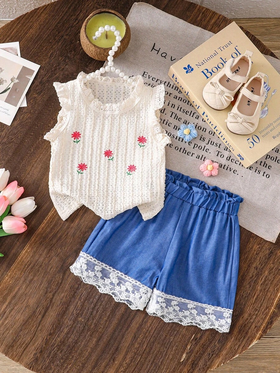 2件套女婴时尚针织上衣和牛仔效果短裤套装 - 彩色 - 查看 1