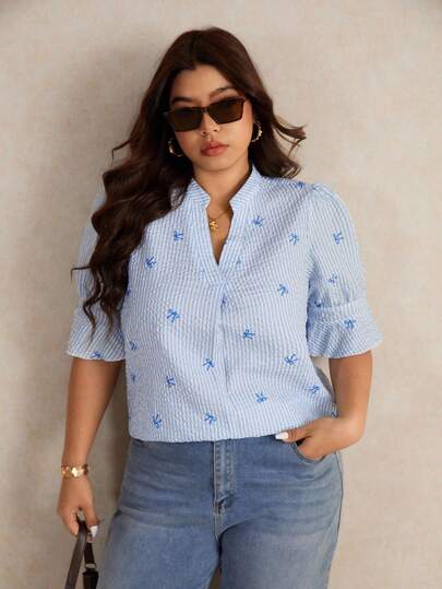 Elaquor Plus Size Women Casual V-Neck Loose Apricot Flounce Patchwork Shirt, Suitable For Summer Holiday,Teacher Shirts