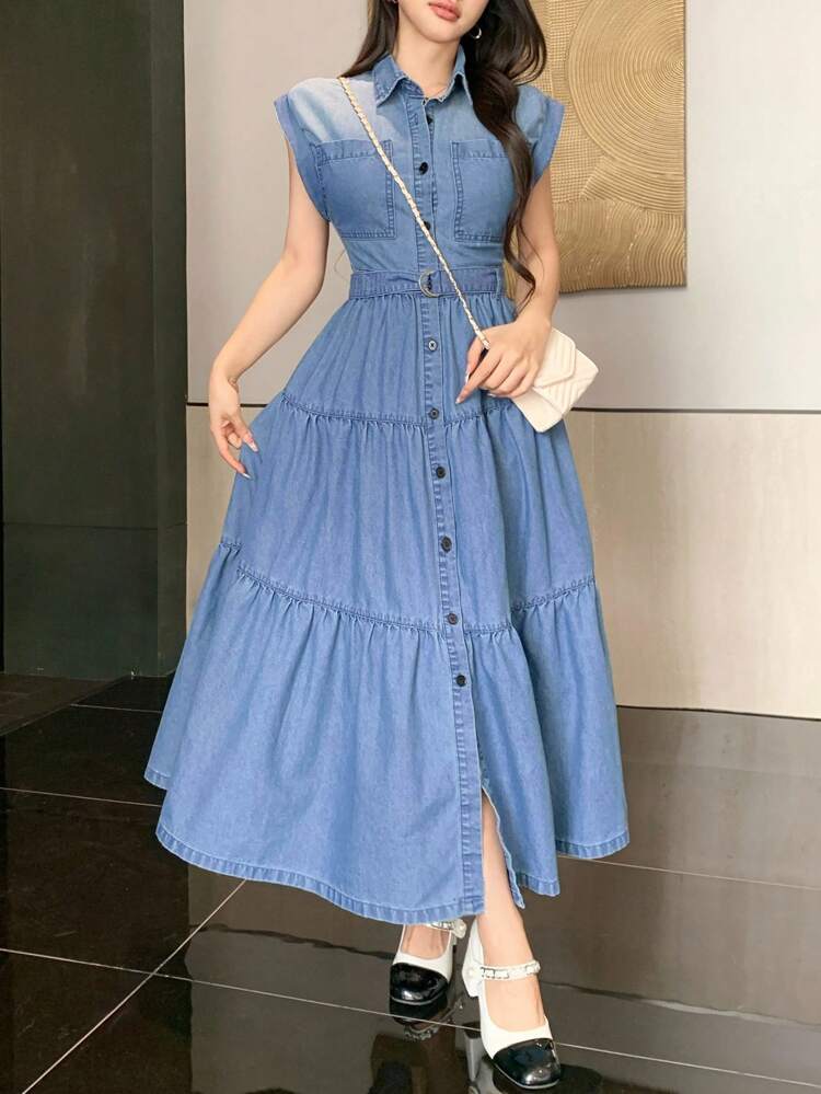 Women's Summer Turndown Collar Short Sleeve Belted Bowknot Denim Cake Dress, Casual Skater Dress