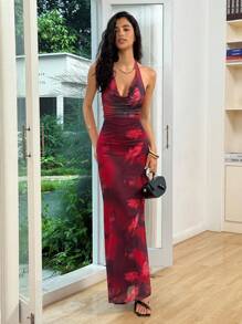 Rafferiza Summer Elegant Sexy Floral Print Sheer Draped Neck Backless Dress Summer Dress - Burgundy - View 5
