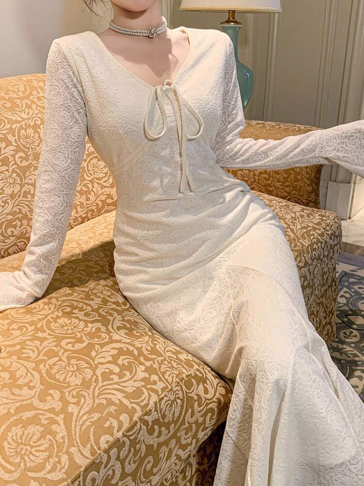 Women's V-Neck Front Tie Bell Sleeve Fish Tail Hem Elegant Mid-Length Dress Prom Dress Maxi Dress