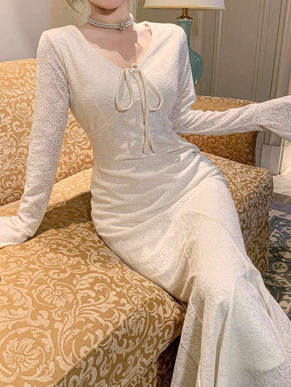 Women's V-Neck Front Tie Bell Sleeve Fish Tail Hem Elegant Mid-Length Dress Prom Dress Maxi Dress