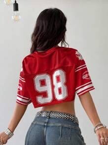 Coolane 女士街头服饰 运动休闲 返校运动装 休闲运动衫 数字印花 缎面光泽上衣 Y2k 服装 青少年街头服饰上衣 - 紅色 - 查看 2