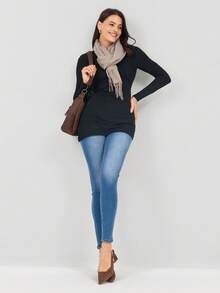 Miaspire 女式黑色天鹅绒褶皱开叉修身T恤，适合秋季女装 - 黑色 - 查看 6