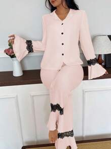 SHEIN Bộ đồ ngủ hai mảnh tay loe màu hồng bằng polyester mềm mại, cổ ve áo thời trang, áo ren tương phản và quần dài, trang phục thu đông, ấm áp và thanh lịch - Hồng - Xem 6