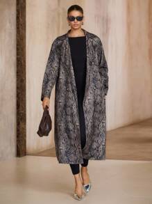 Avenne Women's Vintage Snake Skin Print Lapel Collar Double-Breasted Long Windbreaker Jacket, Fashion Casual Commuting Coat Fall Winter Cloth For Women