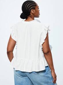 Maija Plus Size White Ruffle Sleeve V-Neck V Neck Casual Top, Fall Autumn Back To School Homecoming Modest Vintage Women Old Money Teacher Romantic, Fashion, Versatile; Comfortable, Stylish, Elegant, Casual, Simple Daily Wear, Essential, Solid Color, Holiday Casual, Decent, Single Lady, Elegant Fashion Business Casual Woman Going Out Tops Graduation Teacher - White - View 3