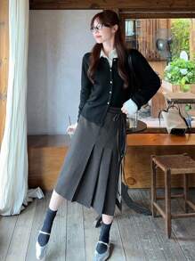 DAZY 女士可爱百褶中长裙秋季半身裙 - 灰色 - 查看 7