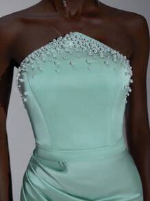 Elitara 优雅蓝绿色缎面不对称露肩高领水钻装饰高腰鱼尾连衣裙，侧高开衩，适合约会、生日派对、舞会、毕业典礼、婚礼、正式场合 - 霧霾藍 - 查看 3