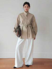 Dazy-Less Damen Lose Business Lässig Bluse mit Kordelzug, minimalistisches Langarmhemd für Büromode, Frühling/Herbst Damenkleidung