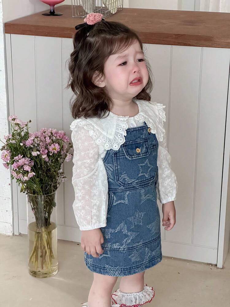 Baby Girl Star Print Casual Denim Pinafore Dress, Summer Toddler Girls Clothes